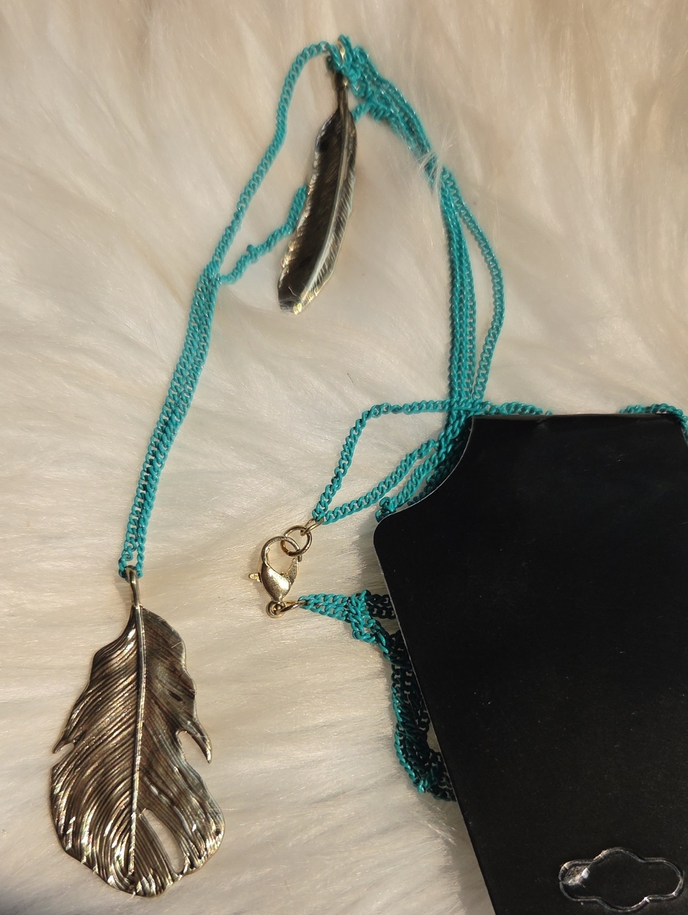 Long Layered Teal Feather Pendant Necklace